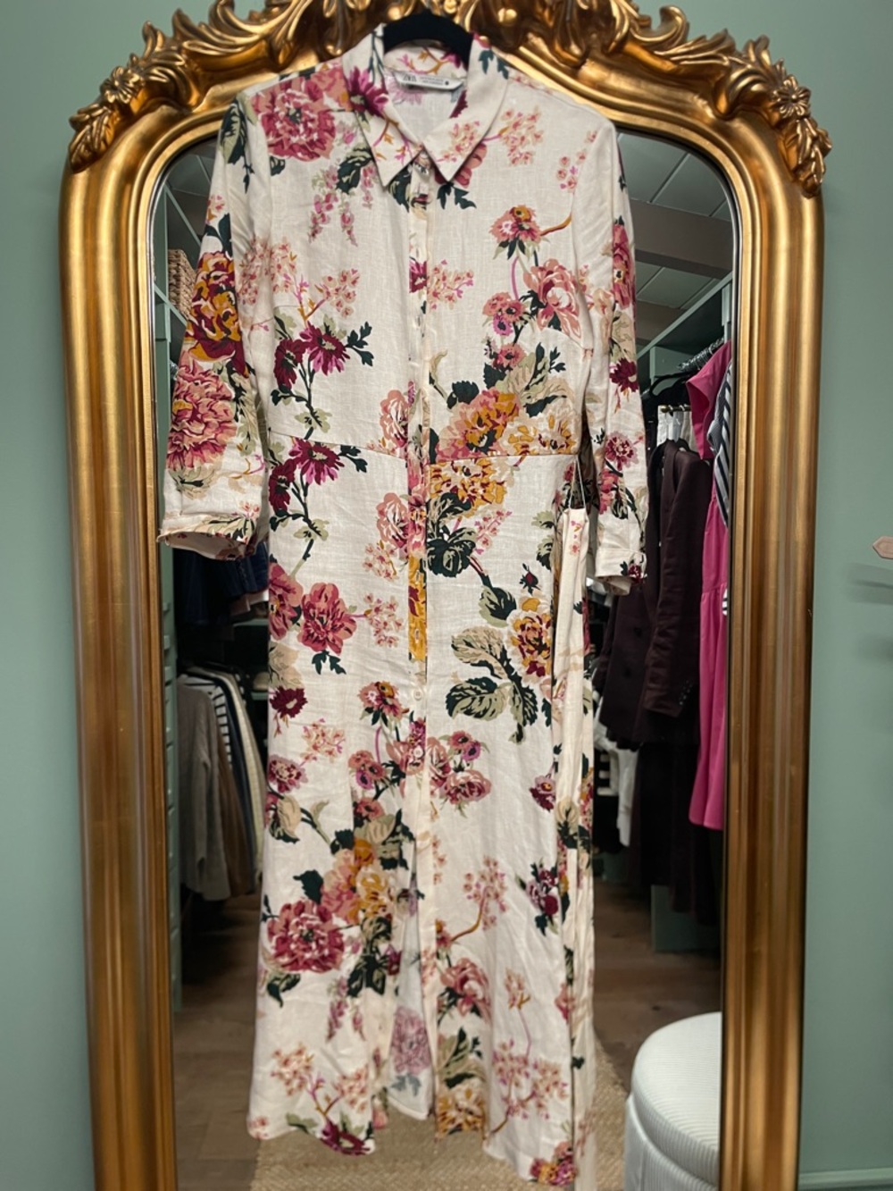 Zara 100% linen Floral Midi Dress in Cream, Pink, Yellow, Green